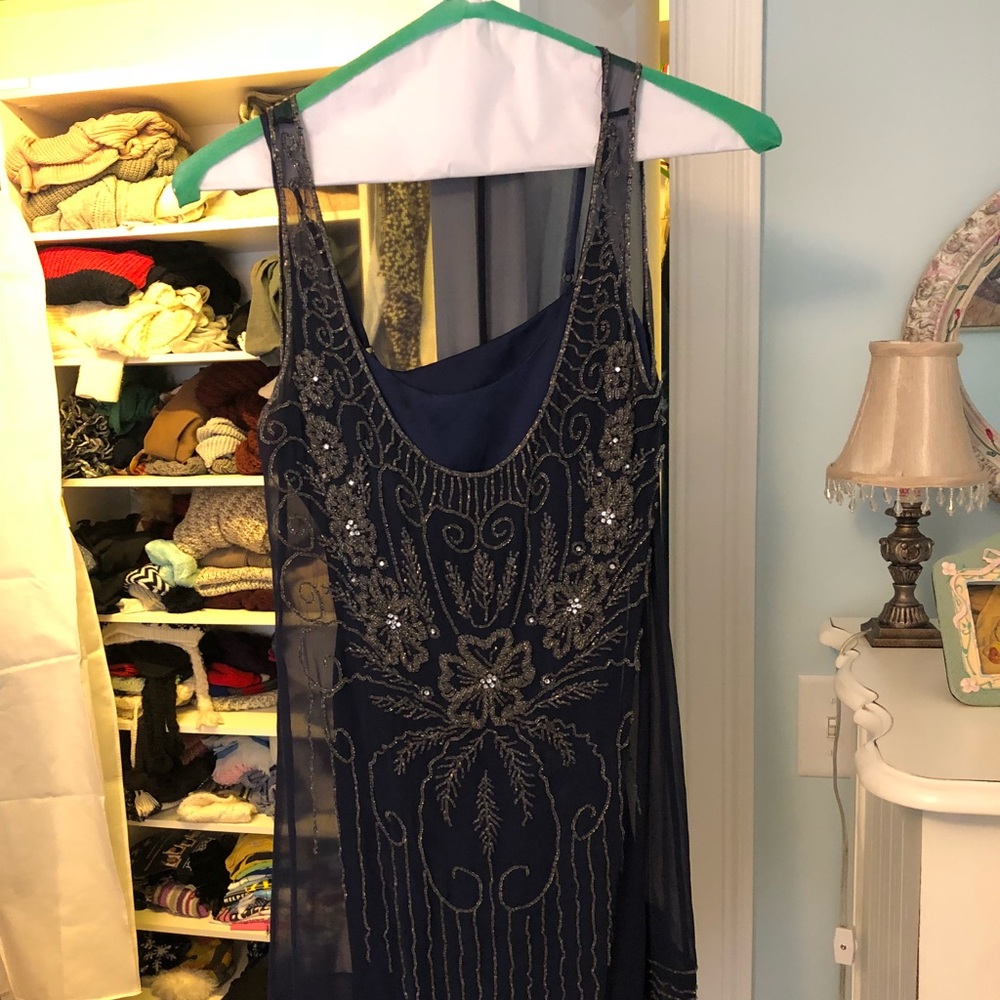 Navy Blue Beaded Shift Dress